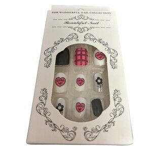 24 pc Press On Nails Kit Pink Plaid White Black Hearts Flower Design Manicure